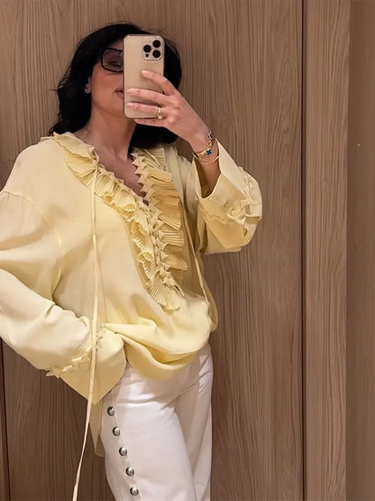 Solid Ruffles Full Sleeve Chiffon Shirt Women Casual V Neck Long Sleeves High Street Blouses 2025 Spring Summer Loose New Tops