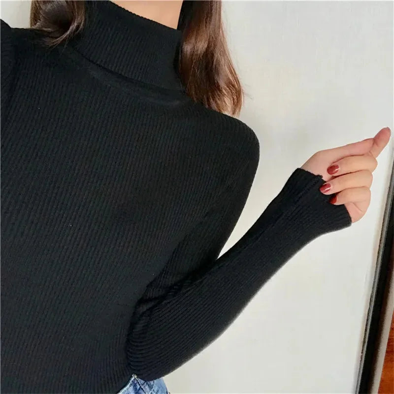 Autumn Winter Thick Sweater Women Knitted Ribbed Pullover Sweater Long Sleeve Turtleneck Slim Jumper Soft Warm Pull Femme