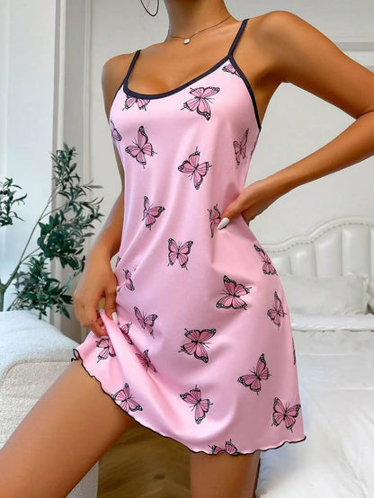 New Fashion Butterfly Print Nightgown for Women Black Star Chemise Short Spaghetti Strap Sleepwear Cute & Trendy Nightwear Hot