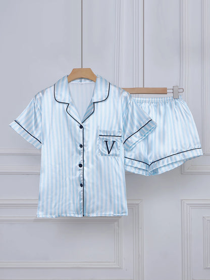 Striped Embroidered Letter Pocket Short Sleeve and Shorts Pajama Set, Casual Satin Sleepwear with Lapel Collar and Button Detail