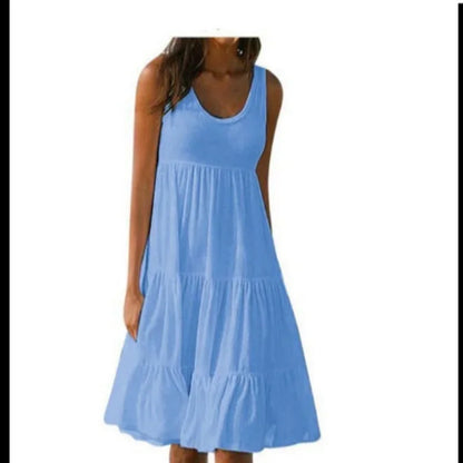 Bohemian Women's Casual O Neck Sleeveless Ruffle Mini Dress Solid Color Beach Tank Top Oversized Loose Dress Plus Size Women3029