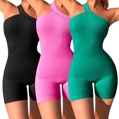 Women's Yoga Rompers One Piece Tummy Control Seamless Ribbed Jumpsuit One Shoulder One Piece Fashion Fitness Sportwear