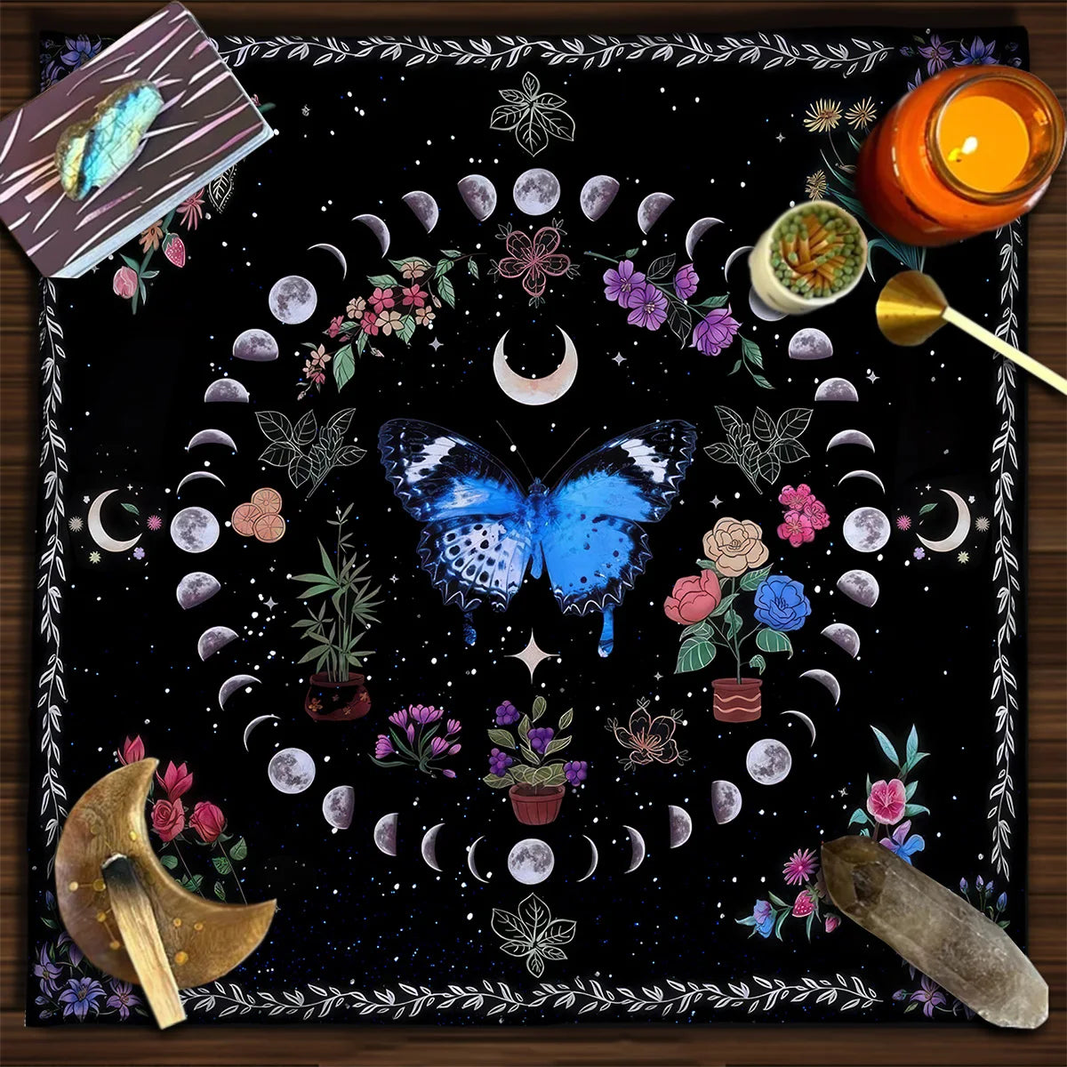 Pink Butterfly Moon Phase Floral Tarot Card Tablecloth  Altar Cloth Witchcraft Astrology Oracle Divination Cloth Home Decor
