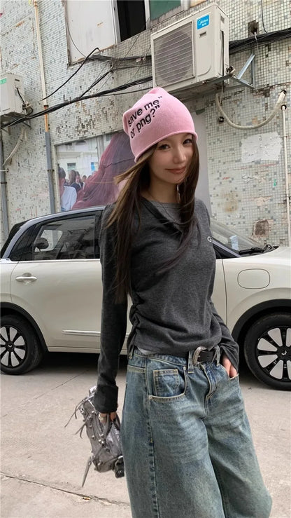 Women's T-shirt fake two piece long sleeved T-shirt for autumn and winter slim fit and slimming bottom top retro bottom top