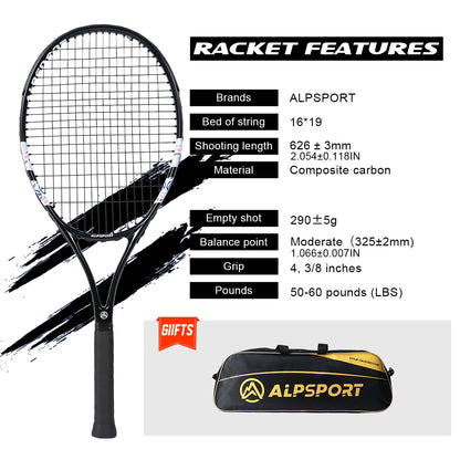 ALPSPORT Carbon Fiber Tennis Racket T800 18K-Professional Grade with Bag&Strap Lightweight Training Racquet for Adults Men&Women