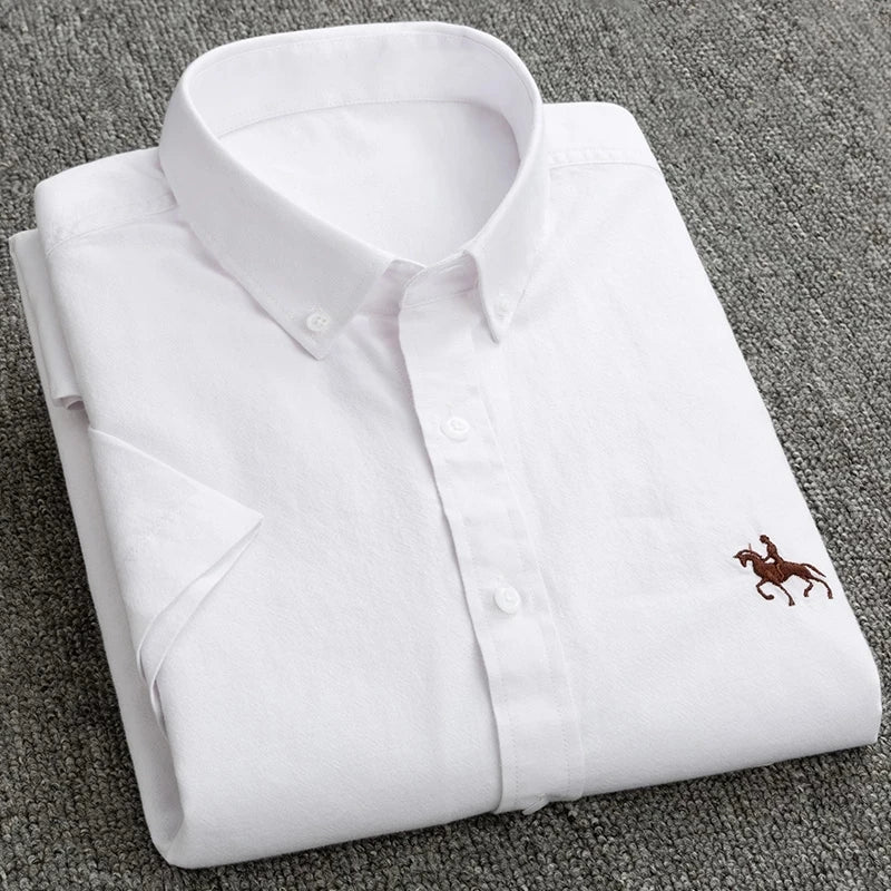 100% Pure Cotton Oxford Shirt For Men¡¯s Short Sleeve Solid Stripe Leisure Embroidered Horse Social Business Formal Dress Shirts