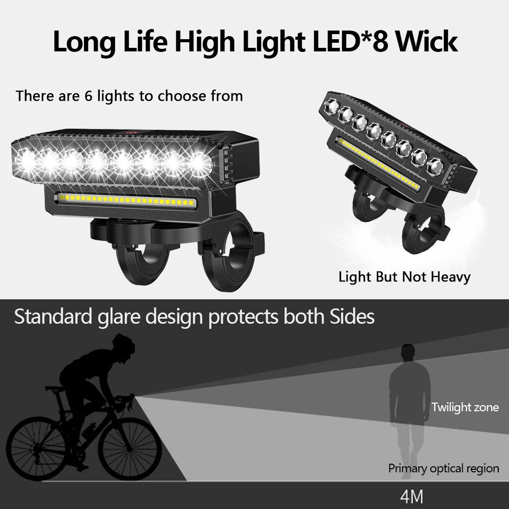 8 LED Bike Front Light Cycling Bike Headlight with 120dB Horn 6 Lighting Modes MTB Road Bicycle Bell Front Light Easy to Install