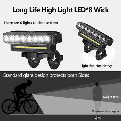 8 LED Bike Front Light Cycling Bike Headlight with 120dB Horn 6 Lighting Modes MTB Road Bicycle Bell Front Light Easy to Install