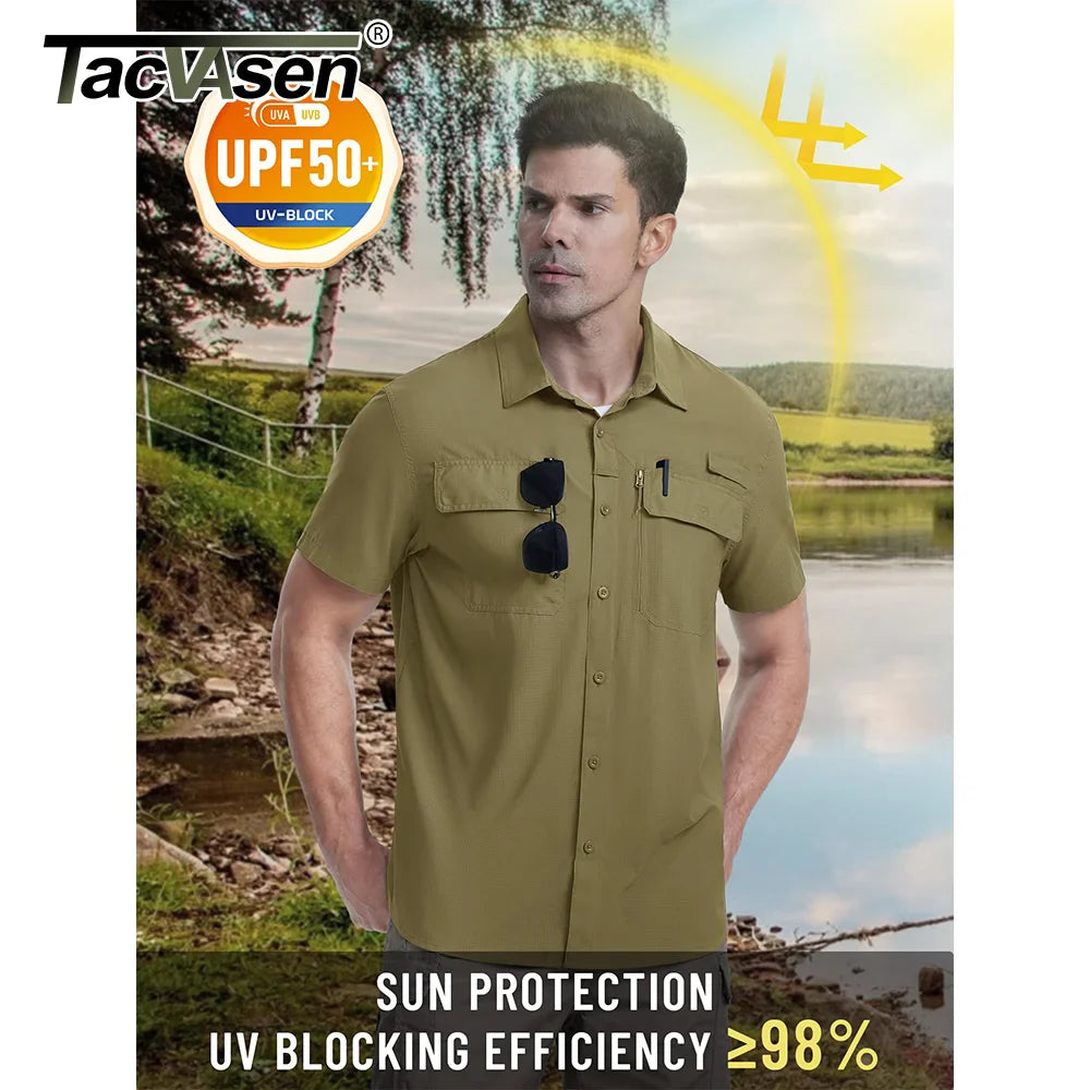 TACVASEN Quick Dry Short Sleeve Shirts Men's UPF 50+ Sun Protection Work Cargo Shirts Mesh Breathable Hiking Fishing Shirts Man