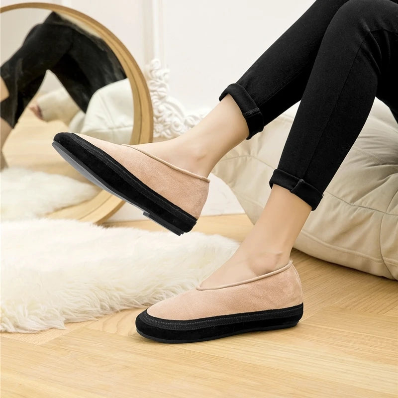 AIYUQI Winter Flat Shoes Women 2025 New Fur Lining Warm Women Snow Shoes Genuine Leather Comfortable Female Winter Ballet Shoes