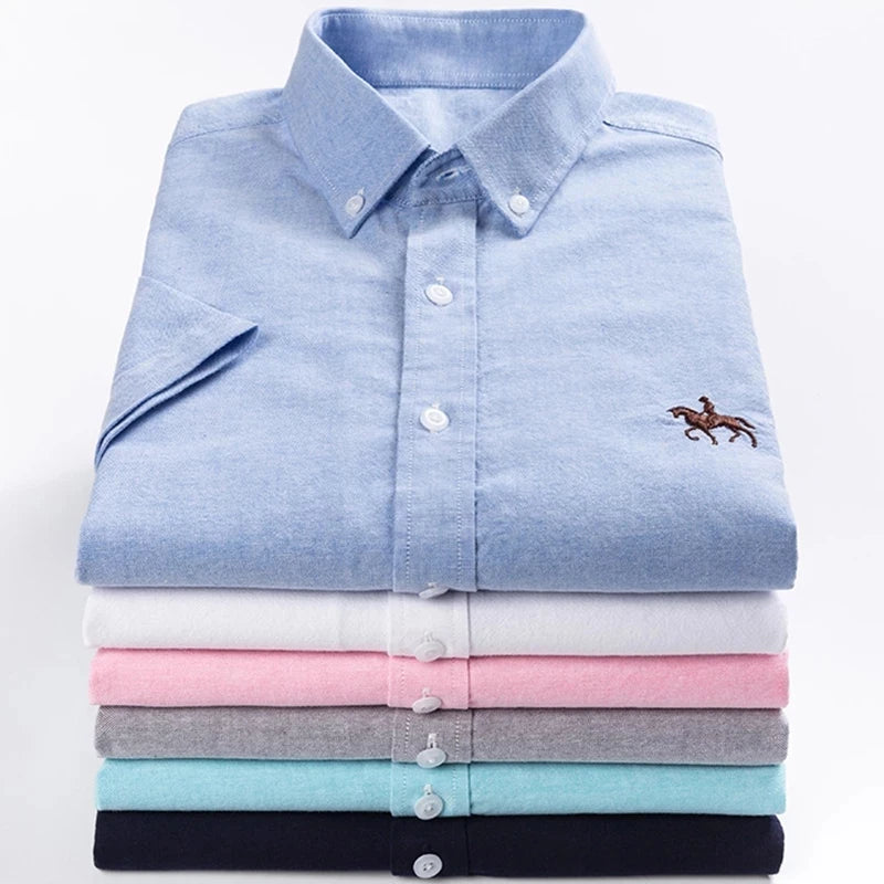 100% Pure Cotton Oxford Shirt For Men¡¯s Short Sleeve Solid Stripe Leisure Embroidered Horse Social Business Formal Dress Shirts
