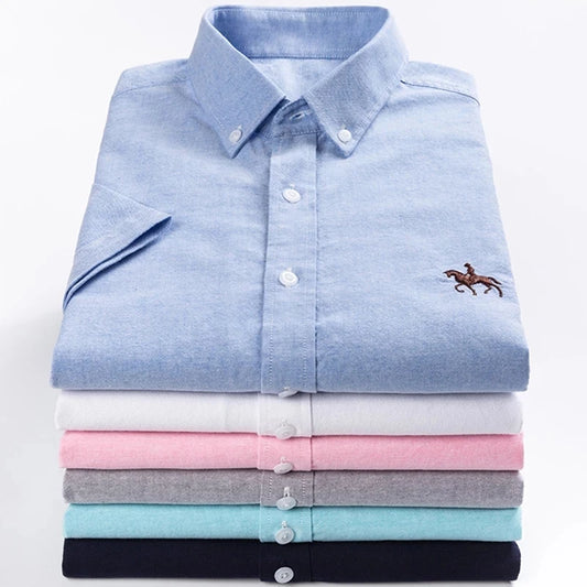 100% Pure Cotton Oxford Shirt For Men¡¯s Short Sleeve Solid Stripe Leisure Embroidered Horse Social Business Formal Dress Shirts