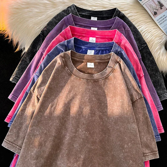 2025 Washed Vintage T-Shirts Street Hip Hop Retro Punk T Shirt women Harajuku Casual Cotton Short Sleeve Acid Wash TShirts tops