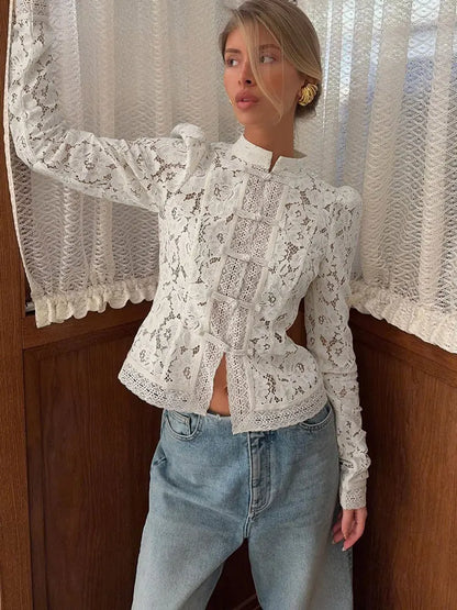 Tossy Summer Lace Printed Shirts Tops Female Hollow Out Fashion Commute Vintage See-Through Blouse Women's Lace Shrug Shirts New
