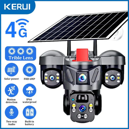 KERUI V380 Pro Outdoor PTZ 6MP WIFI 4G Solar Camera Home Security Triple Lens Camera Solar Panel CCTV Video Surveillance