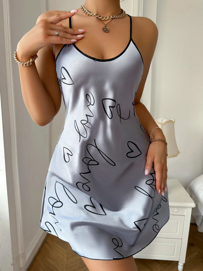 Heart Letter Print Nightdress Casual Round Neck Spaghetti Strap Sleep Dress Women's Sleepwear Dresses