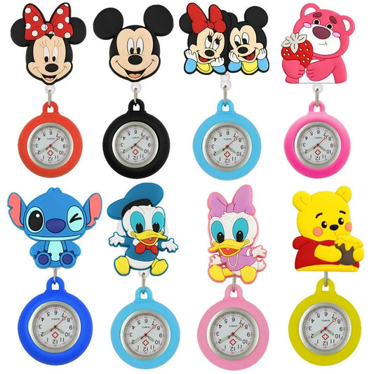 MINISO Cartoon Women Mens Nurse Doctor Students Mouse Bear Duck Lovely Retractable Badge Reel Clip Pocket Watches Clock Gifts