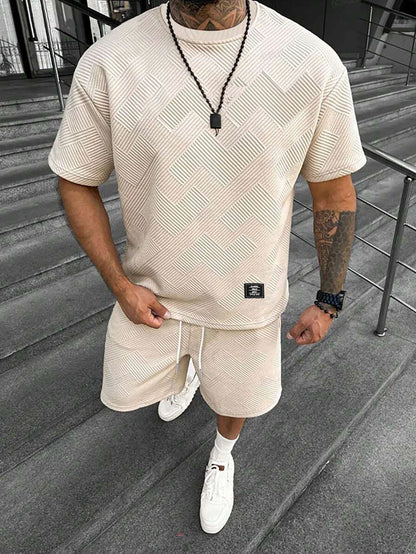Men's Textured Letter Patched Round Neck Tee & Drawstring Shorts Two-Piece Set Regular Fit Casual Short Sleeve T shirt & Shorts