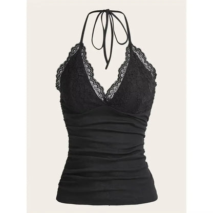 Black Lace Patchwork Halter Top Women Summer Solid Ruched Backless Sleeveless Tank Top Streetwear Clothes