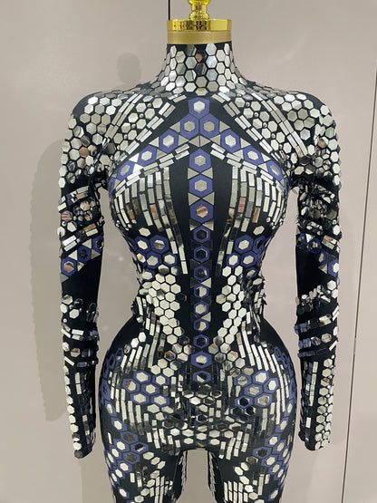 Sexy Shiny Silver Sequins Mirror Black Spandex Jumpsuit 2025 Women Prom Dancer Singer Costume Evening Birthday Show Stage Outfit