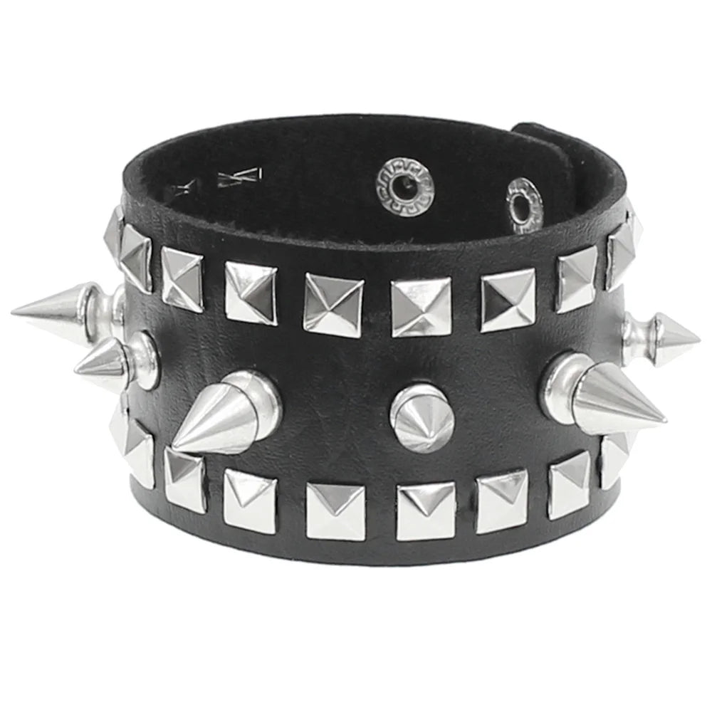 90s Fashion Punk Style Bracelet Personality PU Leather Three Rows Spikes Square Stud Bracelets Bangle 2024