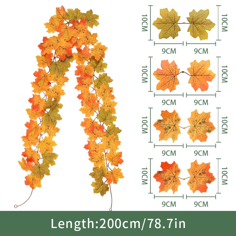 2M Artificial Maple Leaf Garland Fake Fallen Leaves Autumn Decor Rattan for Thanksgiving Halloween Festivals Wedding Xmas Decor