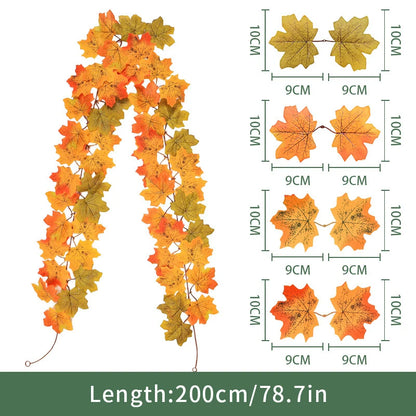 2M Artificial Maple Leaf Garland Fake Fallen Leaves Autumn Decor Rattan for Thanksgiving Halloween Festivals Wedding Xmas Decor