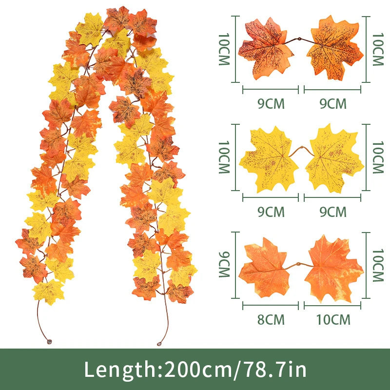 2M Artificial Maple Leaf Garland Fake Fallen Leaves Autumn Decor Rattan for Thanksgiving Halloween Festivals Wedding Xmas Decor