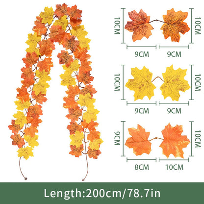 2M Artificial Maple Leaf Garland Fake Fallen Leaves Autumn Decor Rattan for Thanksgiving Halloween Festivals Wedding Xmas Decor