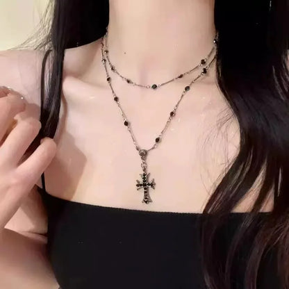 Summer Black Rhinestone Cross Jesus Pendant Choker Necklace for Women Punk Vintage Double Layers Chain 2025 Neck Boho Jewelry