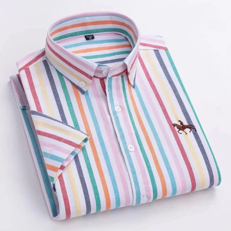 100% Pure Cotton Oxford Shirt For Men¡¯s Short Sleeve Solid Stripe Leisure Embroidered Horse Social Business Formal Dress Shirts