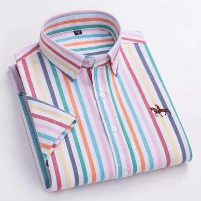 100% Pure Cotton Oxford Shirt For Men¡¯s Short Sleeve Solid Stripe Leisure Embroidered Horse Social Business Formal Dress Shirts