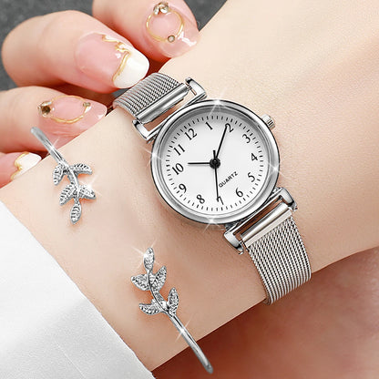 2PCS Fashion Arabic Dial Women Quartz Watch Steel Mesh Band Watches Opening Cuff Bracelet Bangle Set£¨Without Box£©