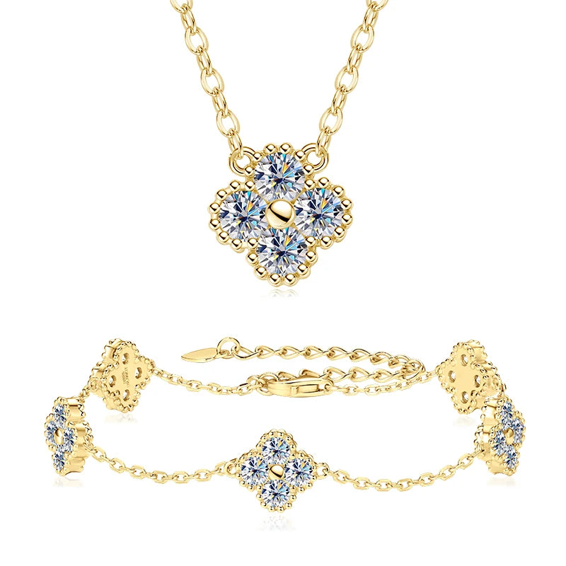18k Gold Plated 925 Silver 3mm Moissanite Necklace Earrings Bracelet Sets 3 In 1 Clover Flower Charm Jewelry Set for Women Gift