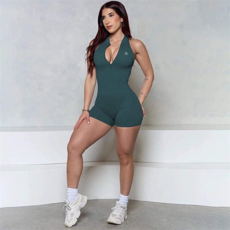 Allure The Brand Sleeveless ZIPPER Scrunch Butt Romper Women Sporty Jumpsuit Lycra Short Fitness Gym Overalls Workout Clothes