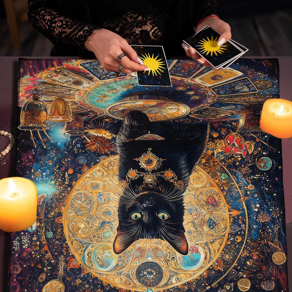 Colorful Mandala Black Cat Altar Cloth Tarot Tablecloth Witchcraft Cat & Moon Starry Sky Divination Cloth Tarot Mat Home Decor
