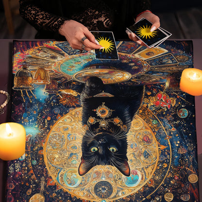 Colorful Mandala Black Cat Altar Cloth Tarot Tablecloth Witchcraft Cat & Moon Starry Sky Divination Cloth Tarot Mat Home Decor