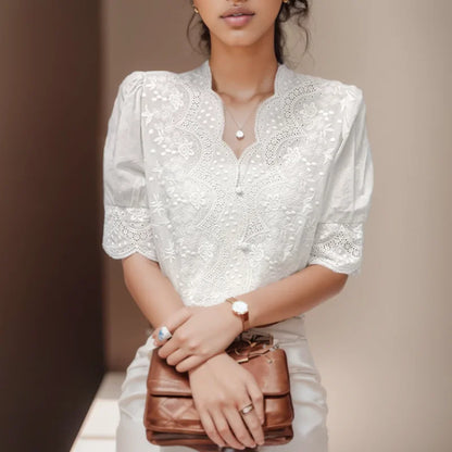 Summer Embroidery Puff Sleeve Linen Cotton Women Blouse Spring Casual White Hollow Out Tops Short Sleeve Shirt