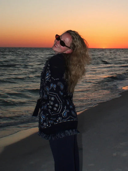 Tassel Patchwork Printed Cardigan Women Fashion V-neck Long Sleeve Loose Outerwears Lady Autumn Daily Commute Street Cardigans