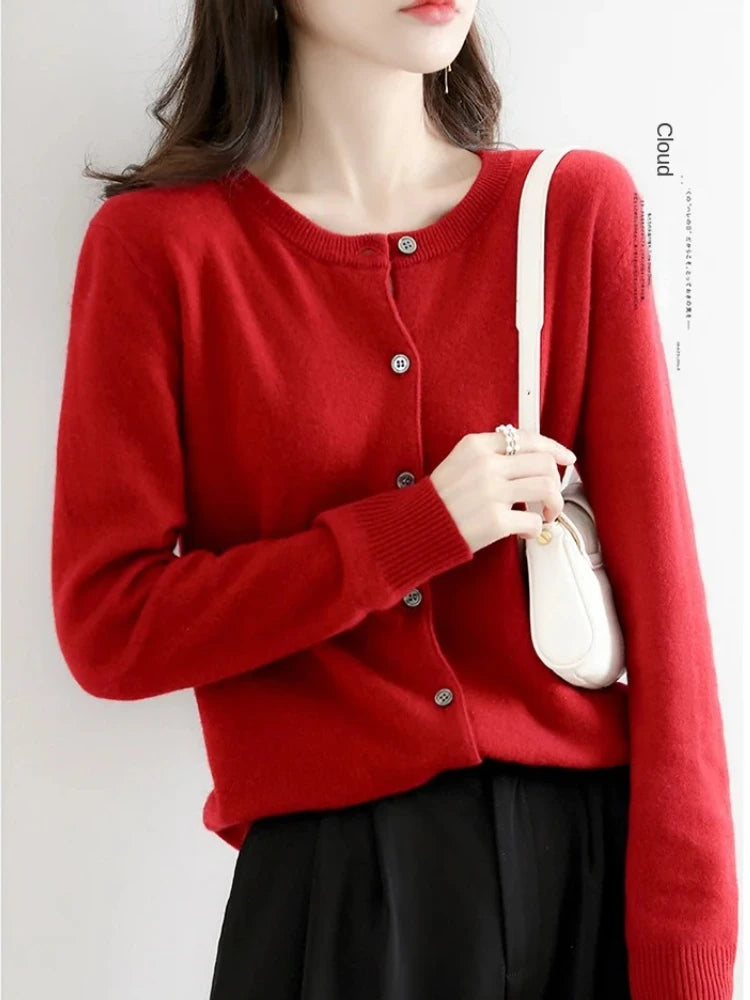 2025 New Worsted Spring And Autumn Women Cardigan Round Neck Knitwear Solid Color Fashion High-grade Knitwear Sweater