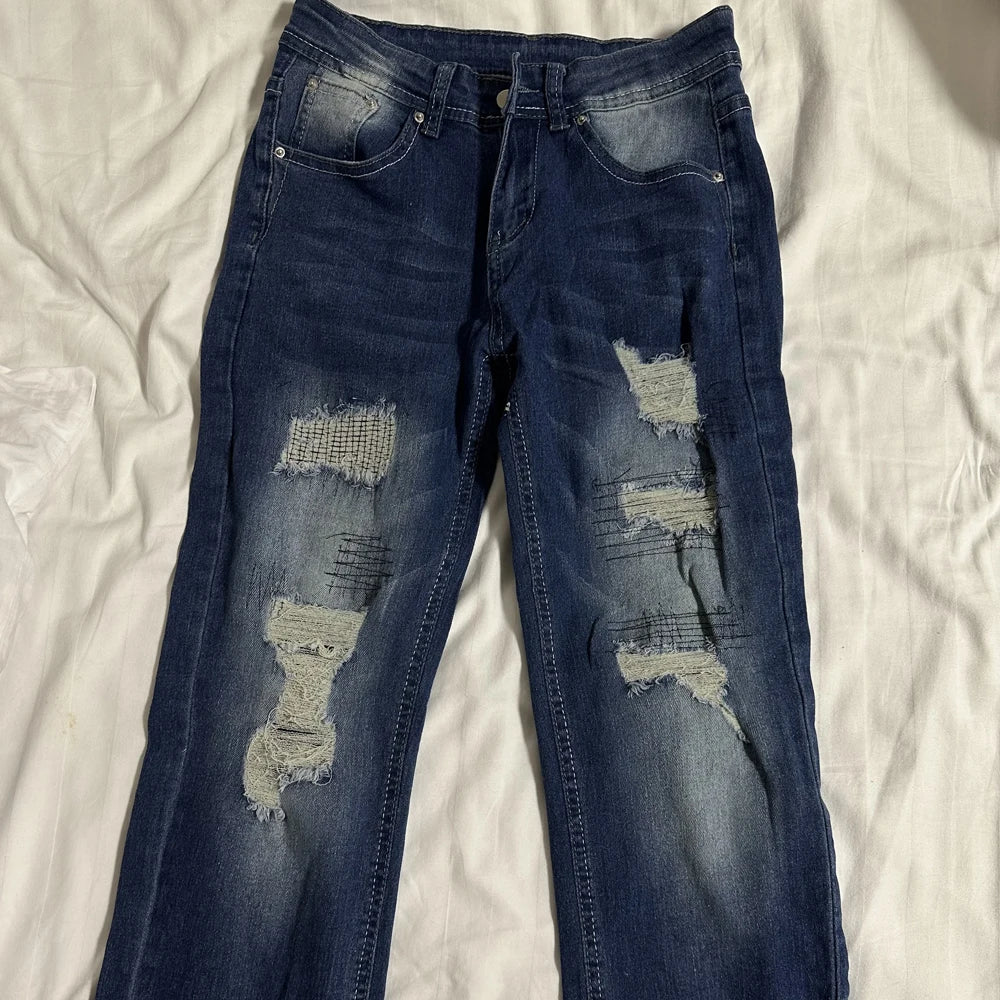 Women Vintage Washed Ripped Jeans Y2K American Retro Low Rise Slim Denim Pants Streetwear 2000s 90s Trousers Bell Bottom