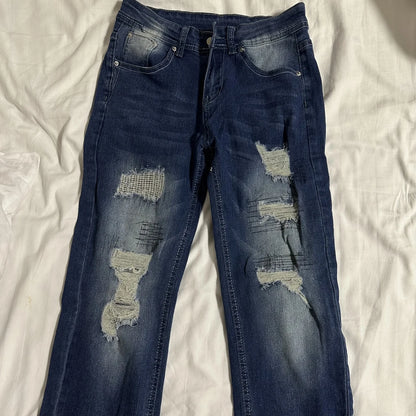 Women Vintage Washed Ripped Jeans Y2K American Retro Low Rise Slim Denim Pants Streetwear 2000s 90s Trousers Bell Bottom