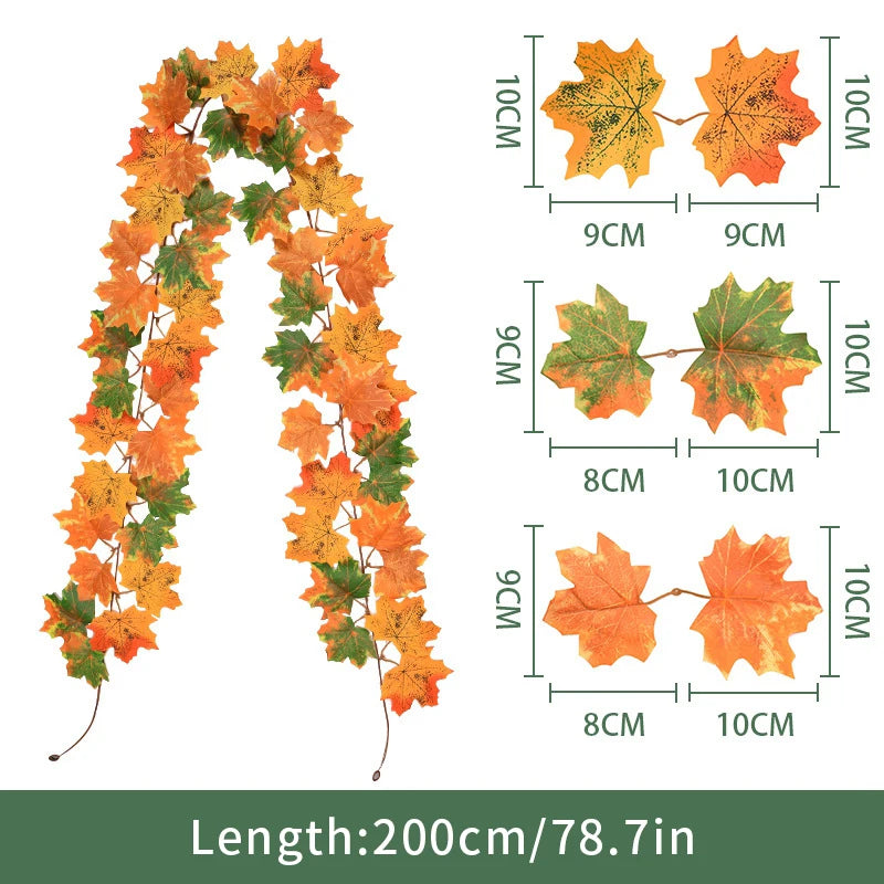 2M Artificial Maple Leaf Garland Fake Fallen Leaves Autumn Decor Rattan for Thanksgiving Halloween Festivals Wedding Xmas Decor