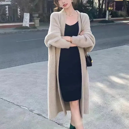 Autumn and winter loose and lazy style open knit coat, thick knee length imitation mink fur long sleeved sweater, warm jacket