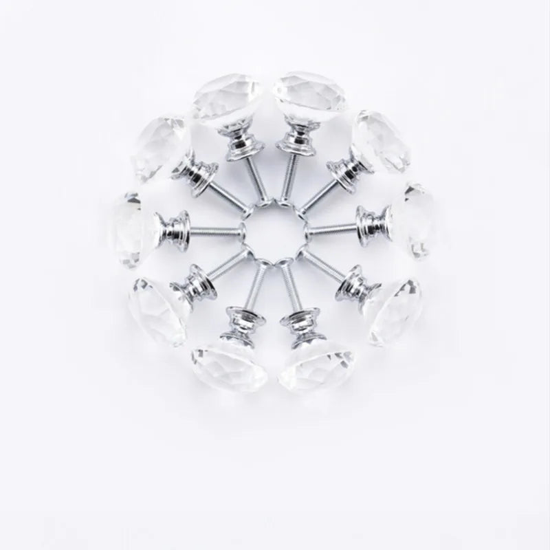 10Pcs/set 30mm Diamond Shape Design Crystal Glass Knobs Cupboard Drawer Pull Kitchen Cabinet Door Wardrobe Handles Hardware