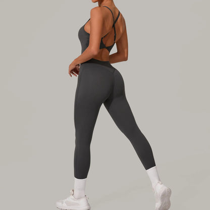 Sexy Hollow Cross Backless Sporty Tight Jumpsuit Woman Sportswear Summer One Pieces Outfit Gym Fitness Overalls Yoga Jump Suit