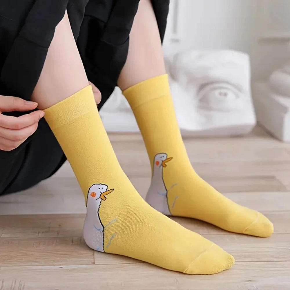 1/6 Pairs Cartoon Women Socks Fashionable And Versatile Cute Design Funny Goose Breathable Soft Comfortable Women Casual Socks?