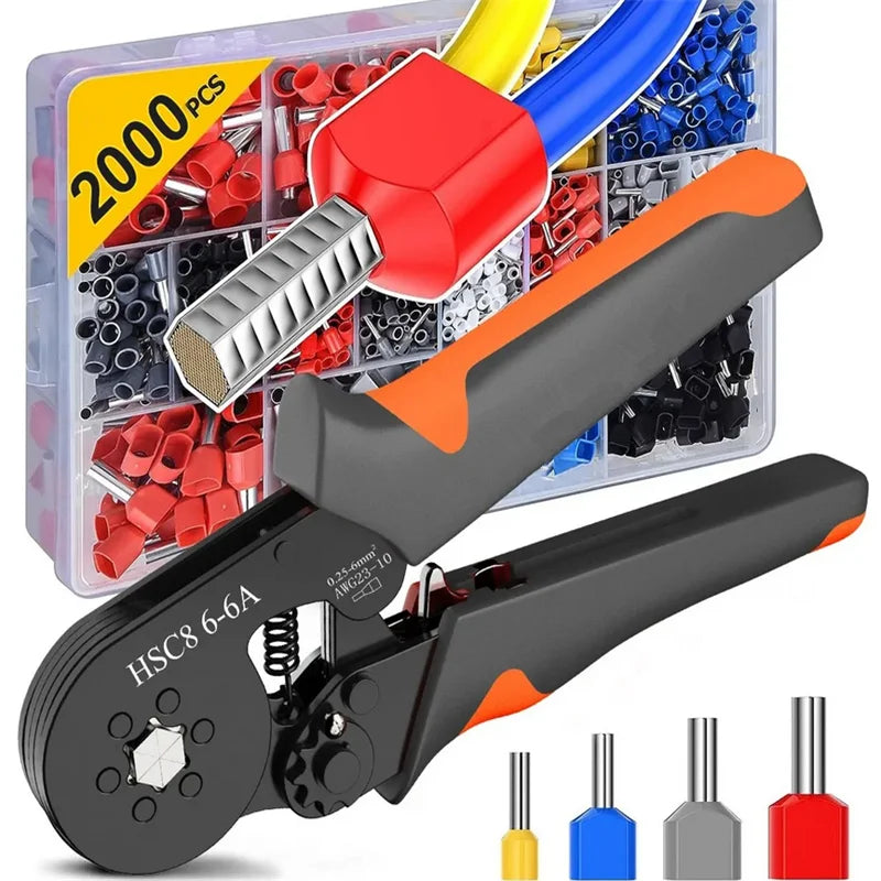 Hexagonal Self-Adjustable Ratchet Ferrule Crimping Tool Kit 23-10AWG 0.25-6mm2 Crimper Kit with 400-2000pcs Wire Terminals