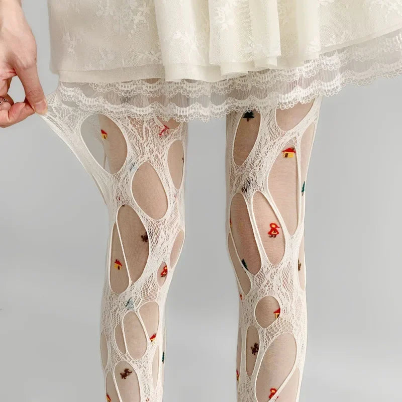 Gothic Women's Irregular Exposed Skin Tights Ripped Fishnet Thin Pantyhose Punk Y2K Hollowed-out Retro Lace Sexy Silk Stockings