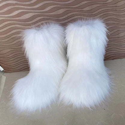 Women's Winter Snow Boots Outdoor Luxury Furry Faux Fox Fur Boots Woman Plush Warm Platform Shoes New Fashion Bottes Big Size 46